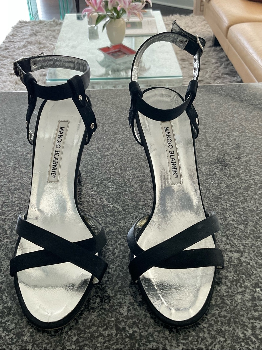 Manolo Blahnik Black Suede Ankle-Strap Sandals with Silver Insole